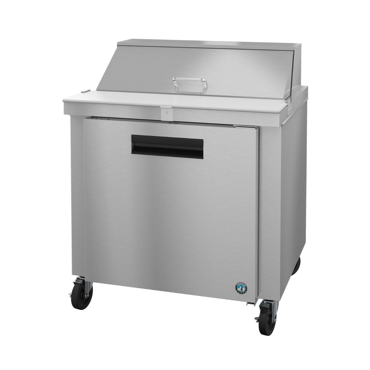 Stainless steel commercial refrigerated prep table on wheels from Hoshizaki Steelheart Series Sandwich
