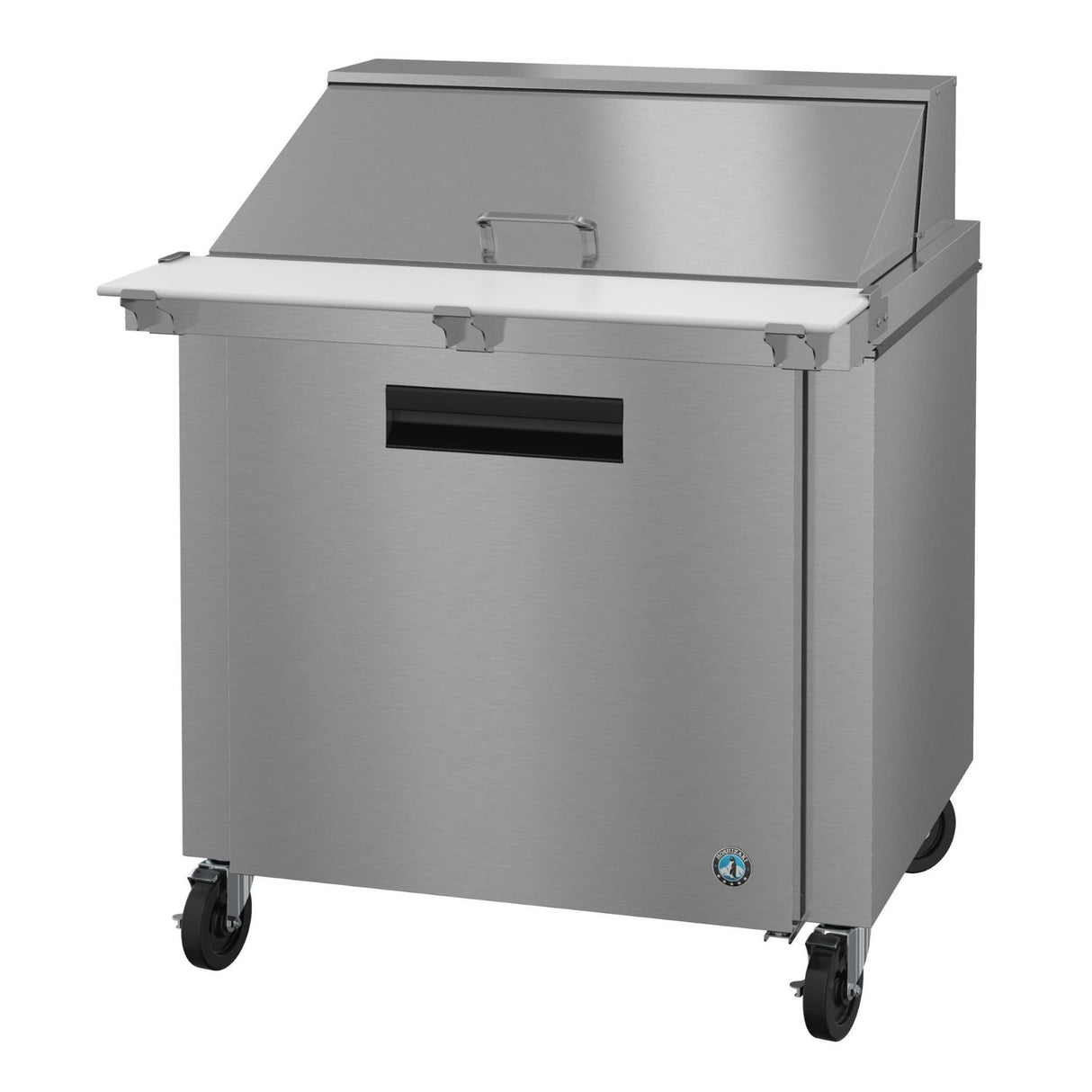 Stainless steel refrigerated prep table on wheels with hinged lid from Hoshizaki Steelheart Series Mega