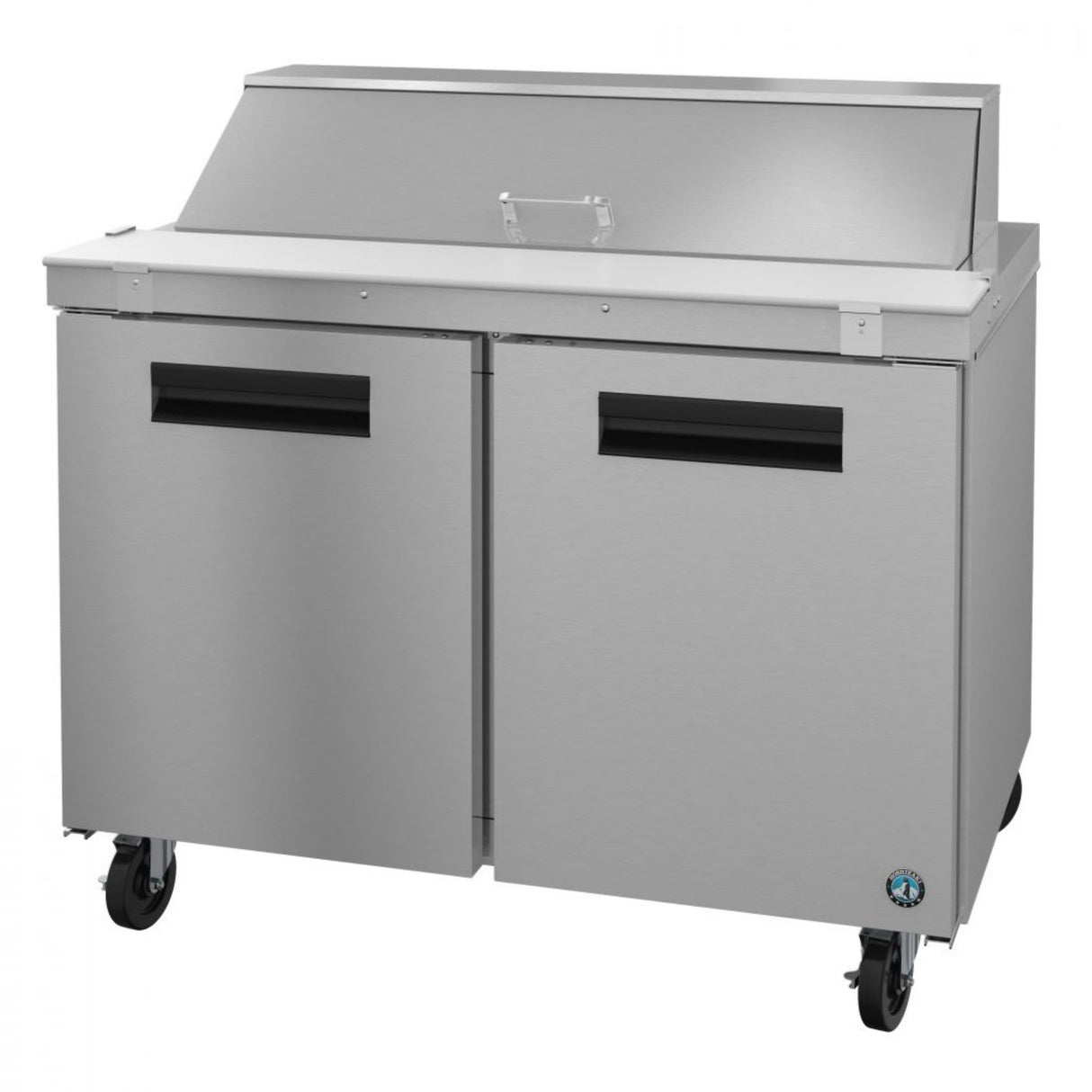 Stainless steel Steelheart Series sandwich prep table on wheels for commercial use