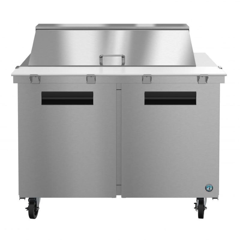 Stainless steel commercial refrigerated sandwich prep table on wheels for Steelheart Series Mega