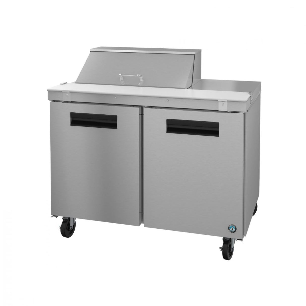 Stainless steel commercial refrigerated sandwich prep table on wheels from Steelheart Series