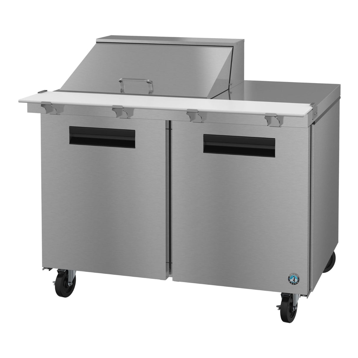 Stainless steel commercial refrigerated sandwich prep station on wheels from Steelheart Series Mega
