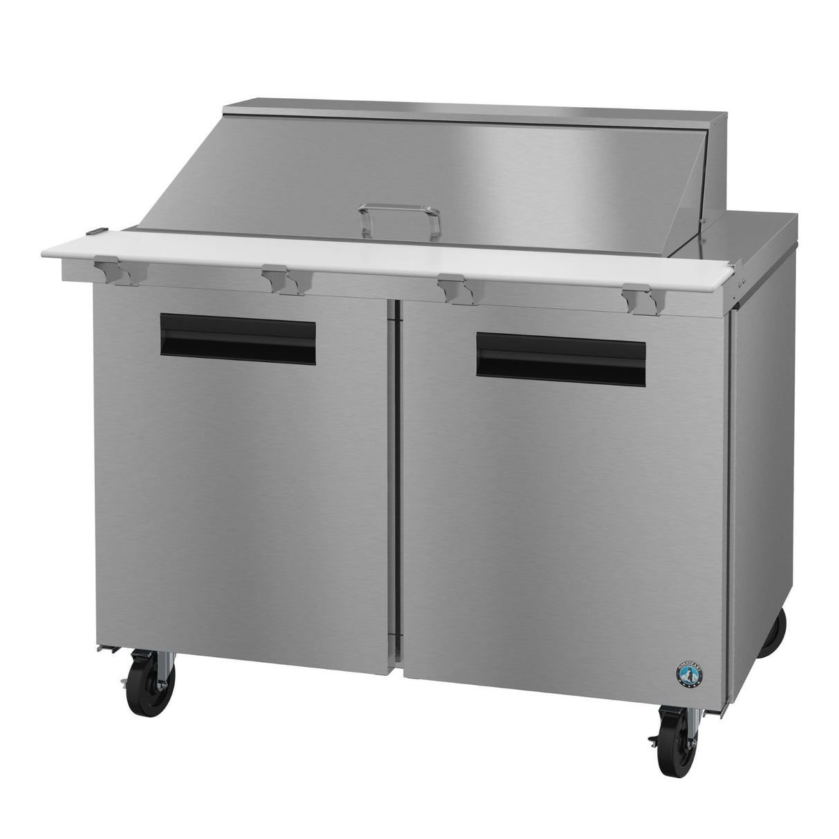 Stainless steel commercial refrigerated prep table on wheels for Hoshizaki Steelheart Series Mega