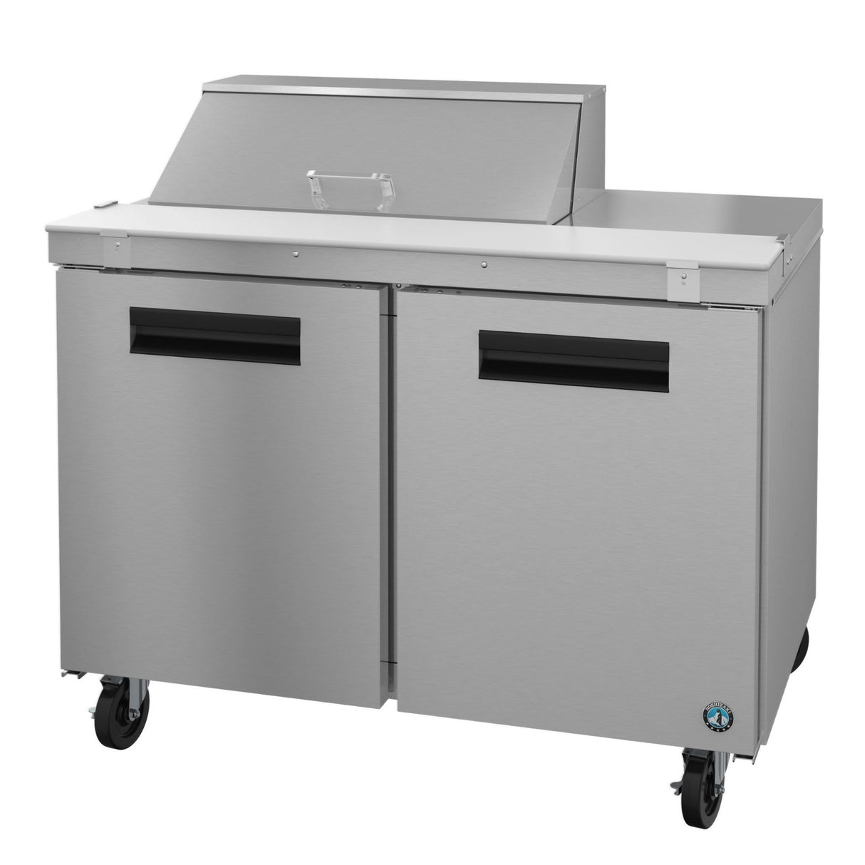 Stainless steel Steelheart Series sandwich prep table with wheels for commercial use