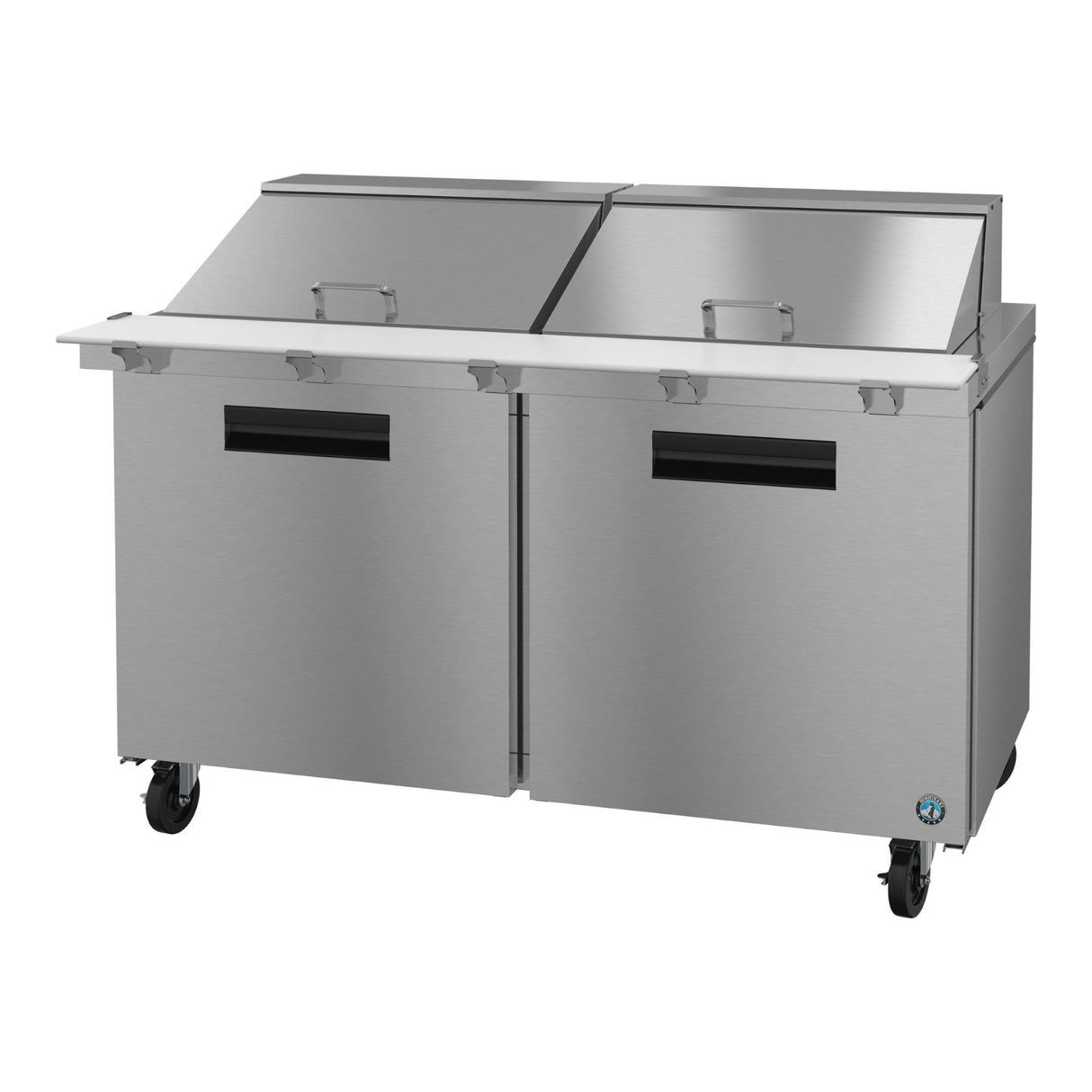 Stainless steel SR60B-24M Steelheart Series Mega Top Refrigerator Prep Table on wheels