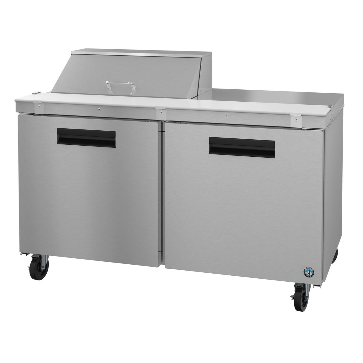 Stainless steel commercial refrigerated prep table on wheels from Steelheart Series