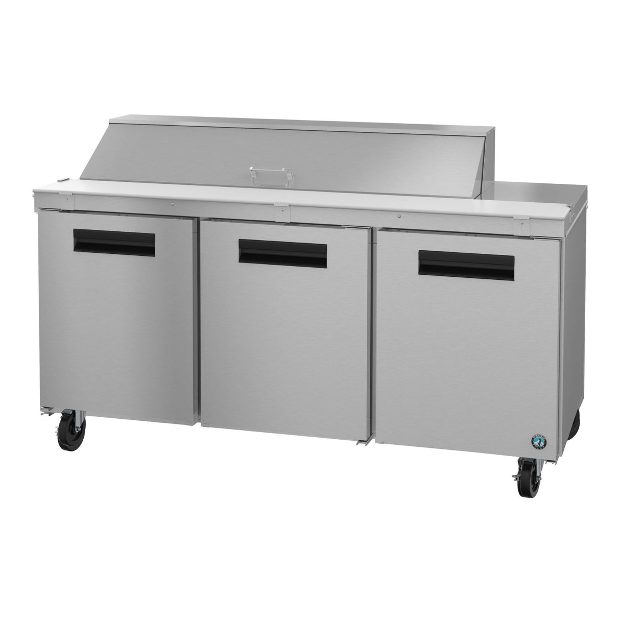 Stainless steel Hoshizaki Steelheart Series Sandwich Top Refrigerator with three doors on casters