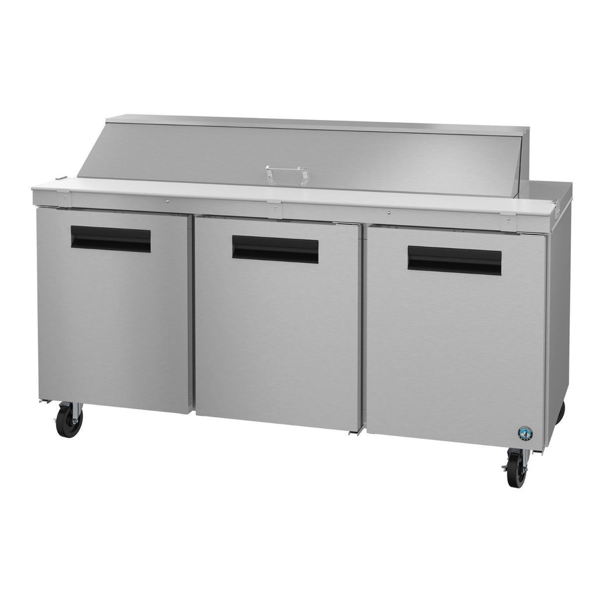 Stainless steel Hoshizaki Steelheart Series Sandwich Top Refrigerator with three doors on wheels