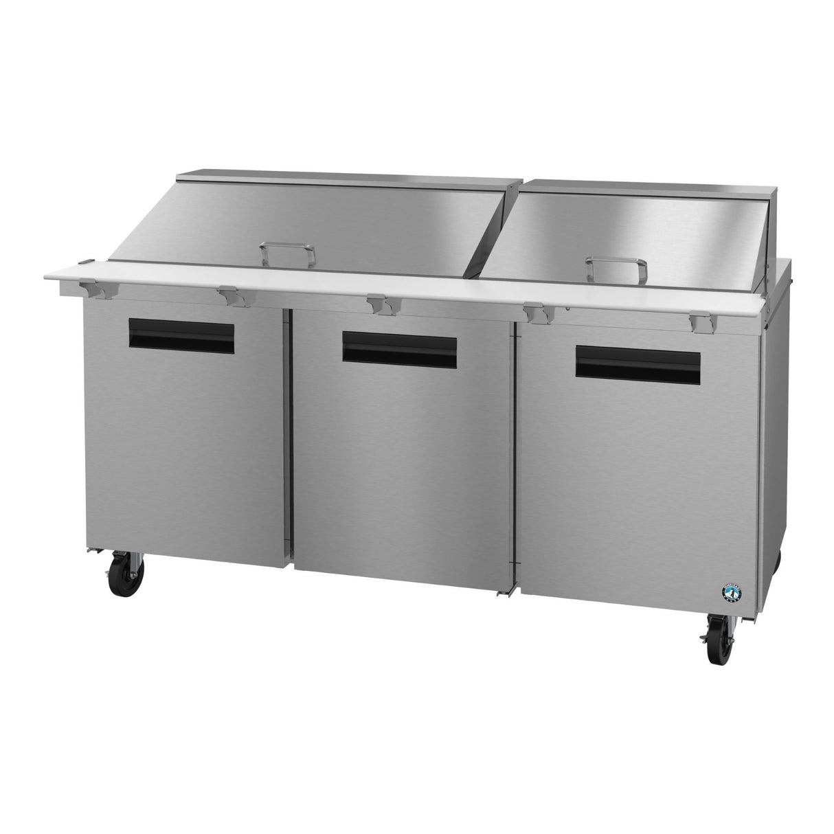 Stainless steel commercial refrigerated prep table on wheels from Steelheart Series Mega