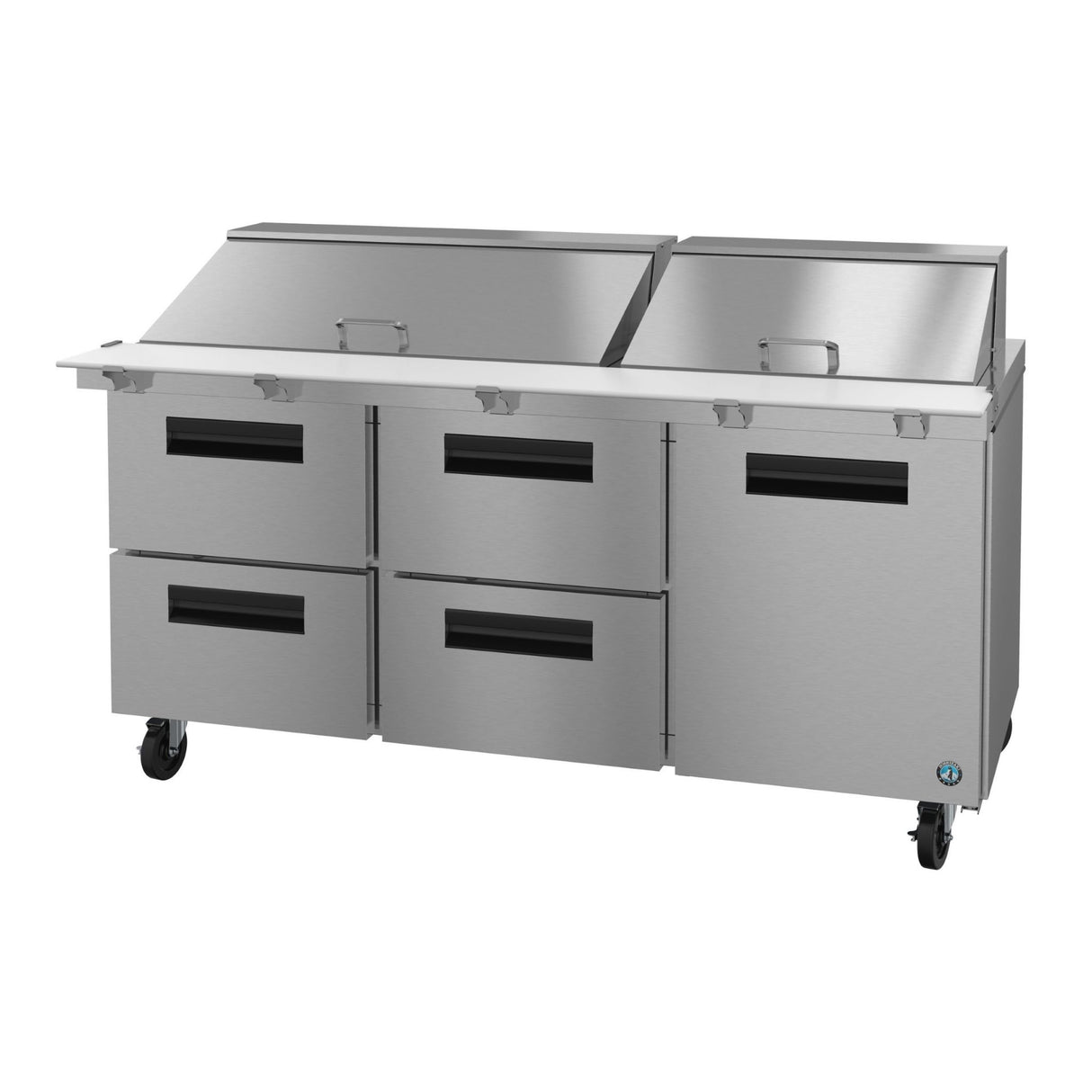 Stainless steel commercial refrigerated prep table on wheels from Hoshizaki Steelheart Series Mega