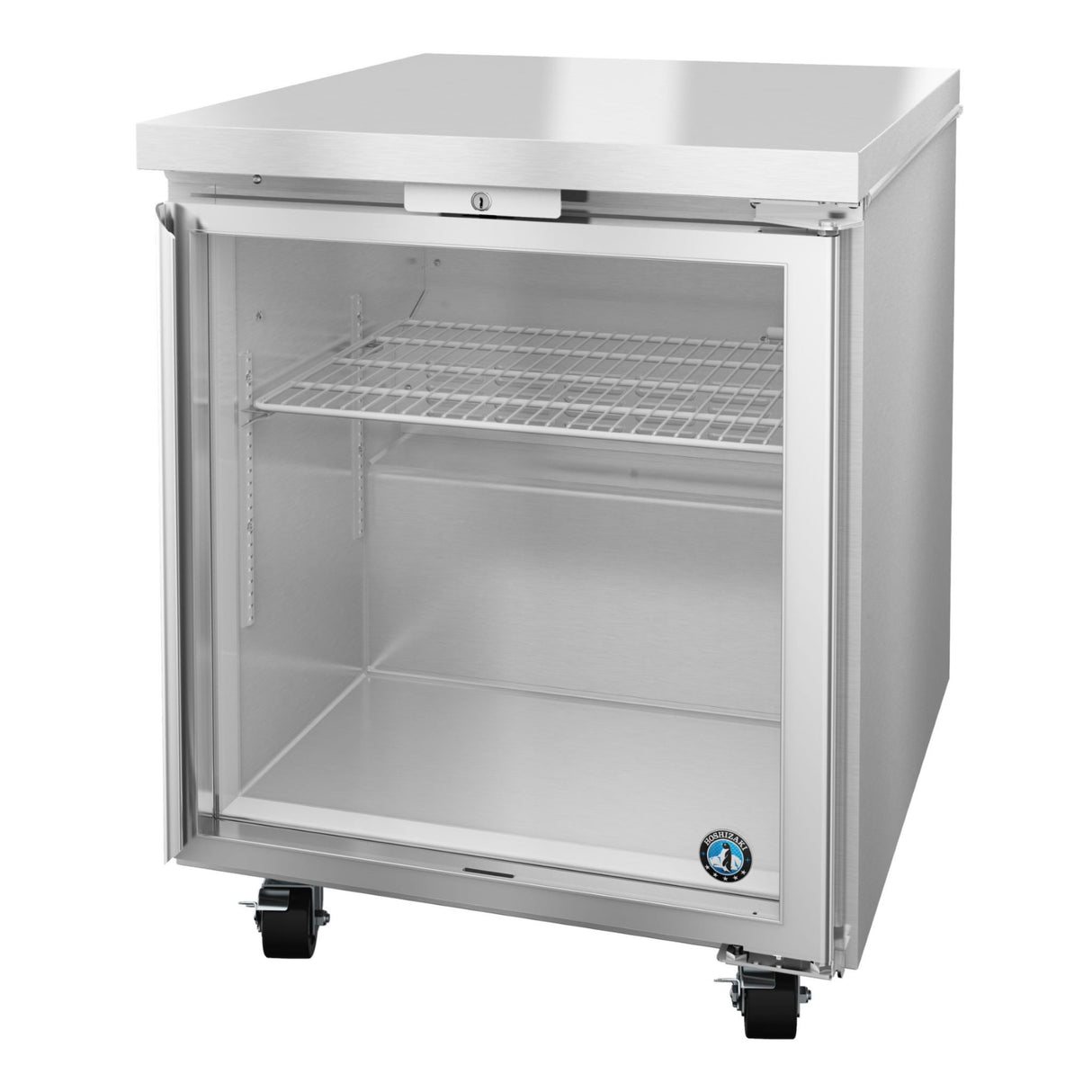 Stainless steel undercounter freezer with glass door and wheels, Hoshizaki Steelheart Series