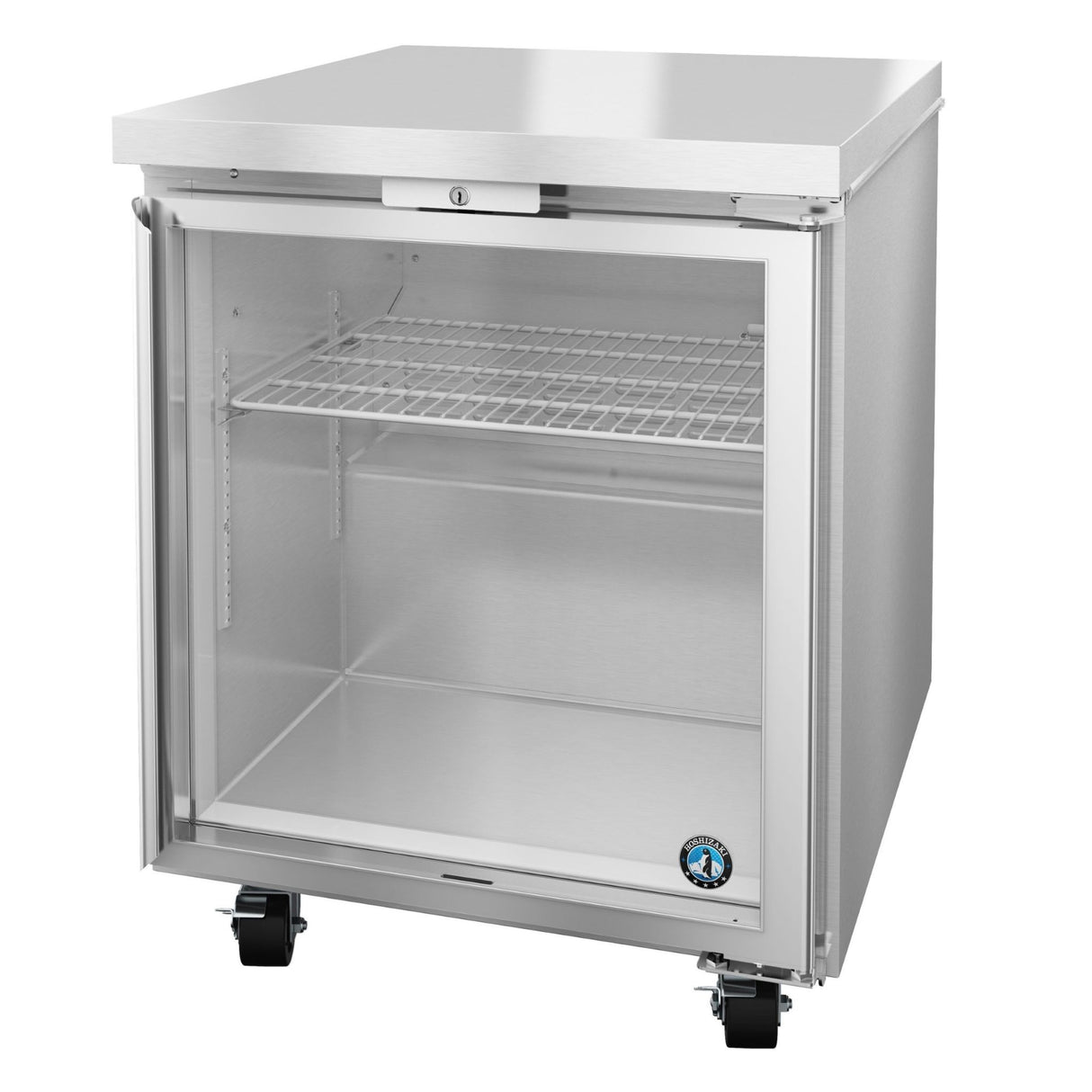 Stainless steel Hoshizaki Steelheart Series Undercounter Freezer with glass door and casters