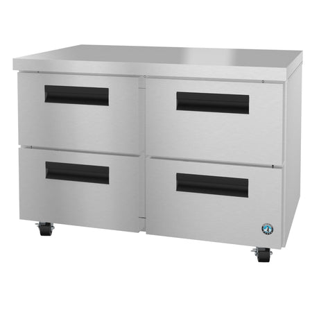 Stainless steel Hoshizaki Steelheart Series Undercounter Freezer with four drawers on wheels
