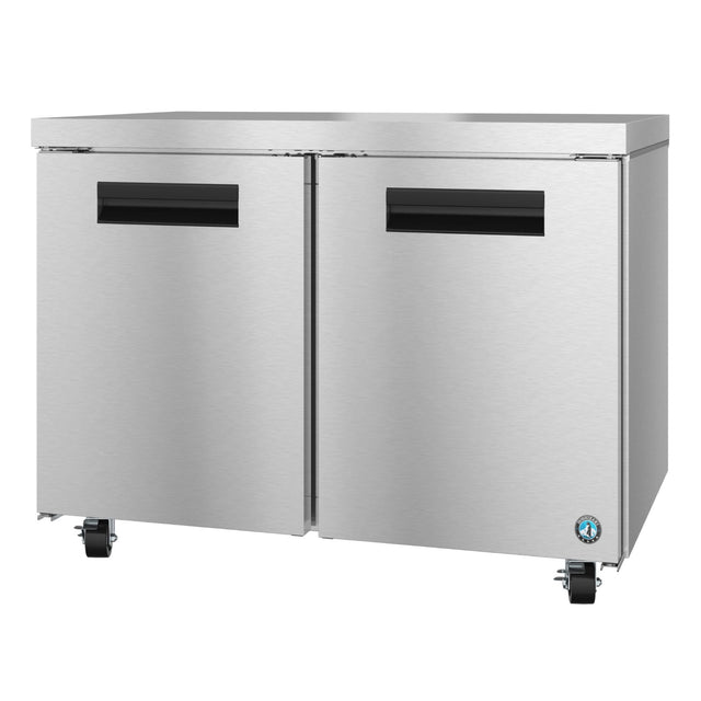 Stainless steel Hoshizaki UF48A Steelheart Series Undercounter Freezer on wheels