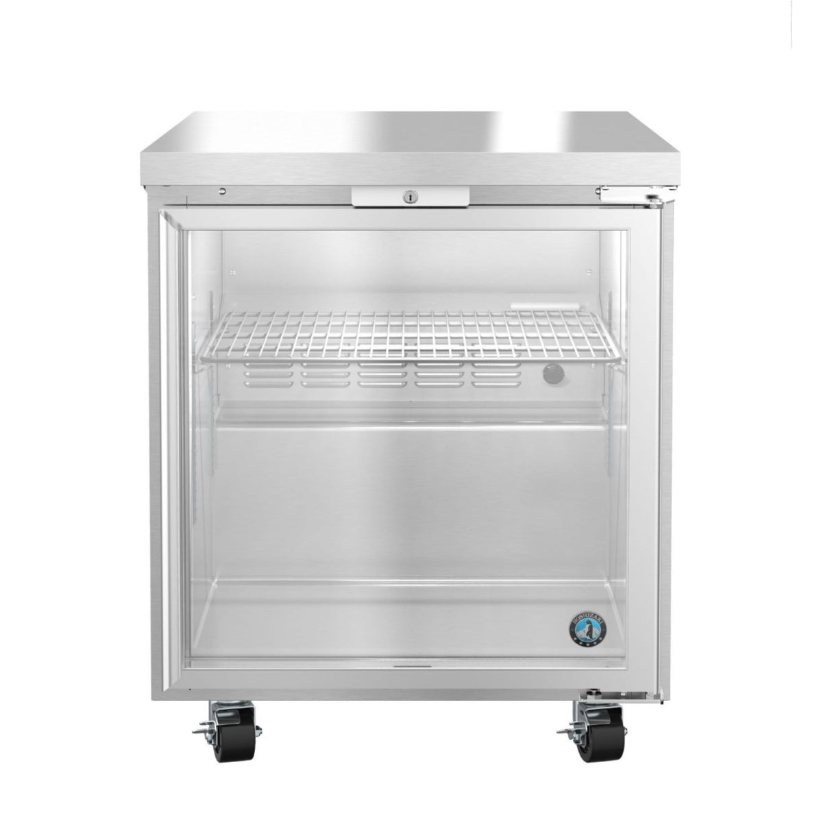 Stainless steel Hoshizaki Steelheart Series Undercounter Refrigerator with glass door on wheels
