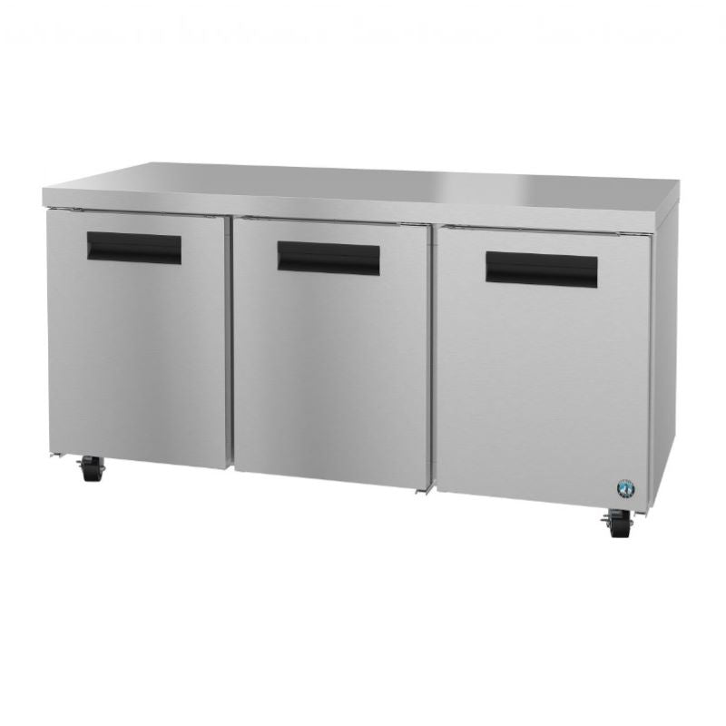 Stainless steel three-door Hoshizaki UR72A Steelheart Series Undercounter Refrigerator on wheels
