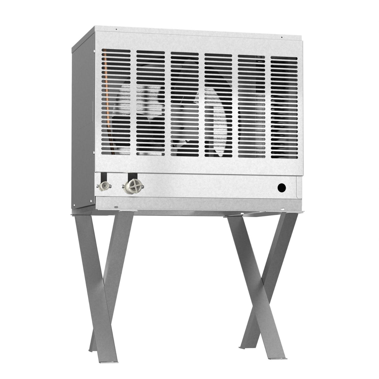 Window-mounted air conditioning unit on X-shaped support stand for Hoshizaki Remote Condenser