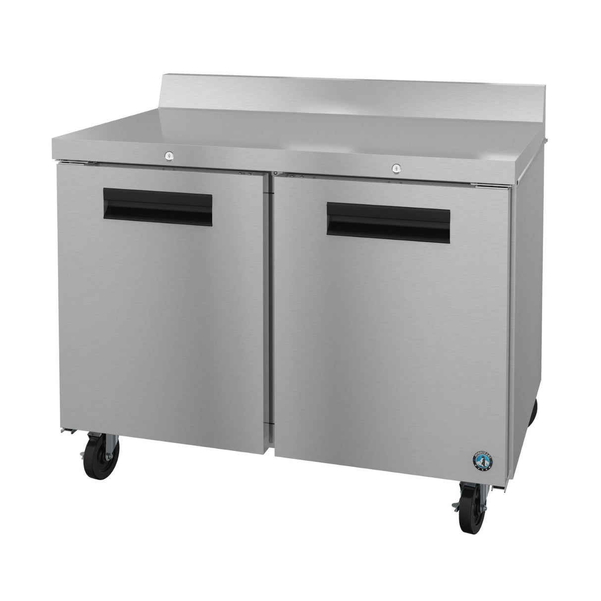 Stainless steel Hoshizaki Steelheart Series worktop refrigerator on wheels with two doors