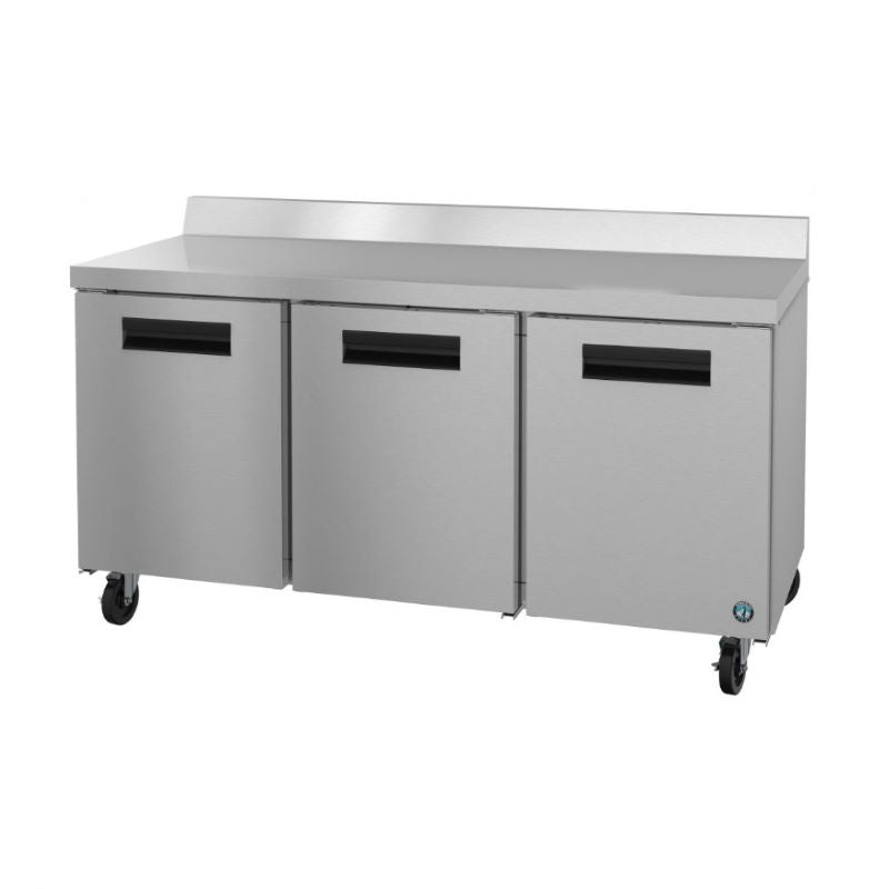 Stainless steel commercial worktop refrigerator on wheels with three doors and steel lift-off cover
