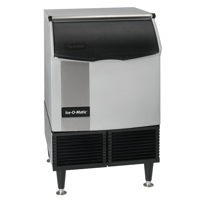 Commercial Ice-O-Matic ICEU150FW ice maker with black top and silver body on metal legs