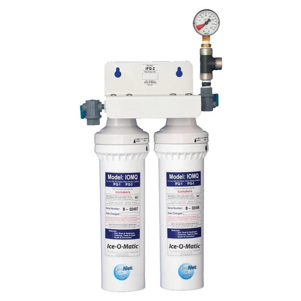 Dual-cartridge water filter manifold with pressure gauge for ice makers producing 1050-1400 lbs