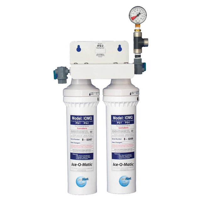 Dual-cartridge water filter manifold with pressure gauge for ice makers producing 1050-1400 lbs