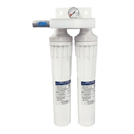 Dual-stage water filter manifold for ice makers producing up to 2400 lbs. per day