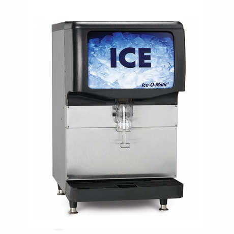 Commercial Ice-O-Matic IOD150 Ice Dispenser with stainless steel base and ICE display