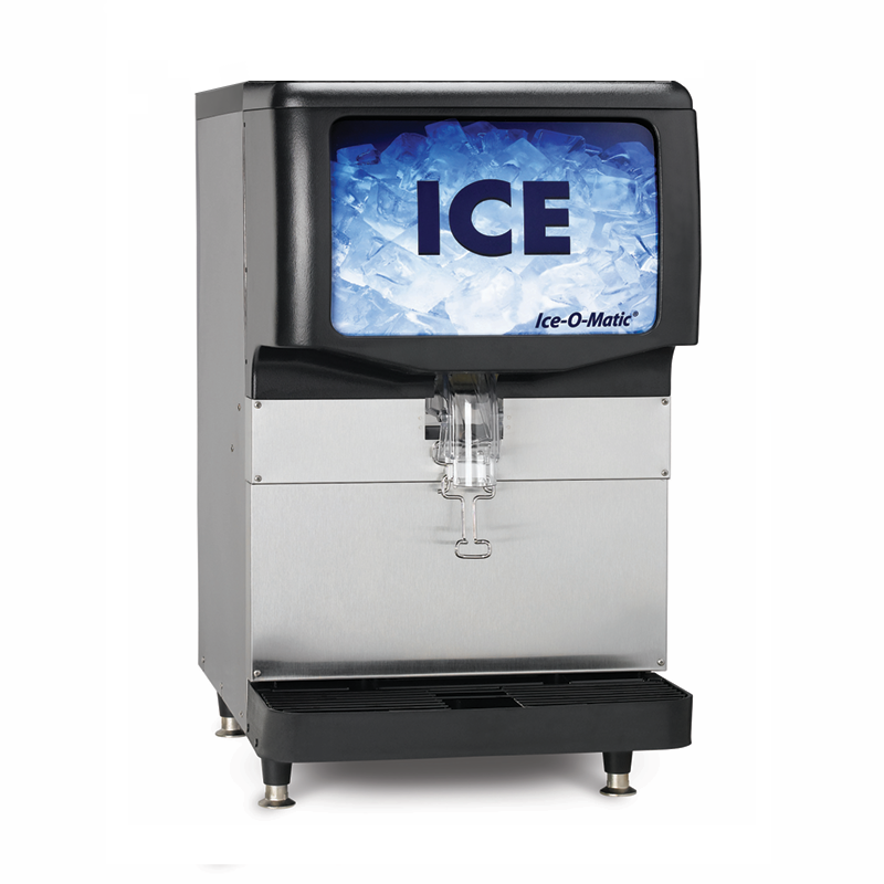 Commercial Ice Dispenser with blue illuminated ICE display, Ice-O-Matic IOD200 counter model