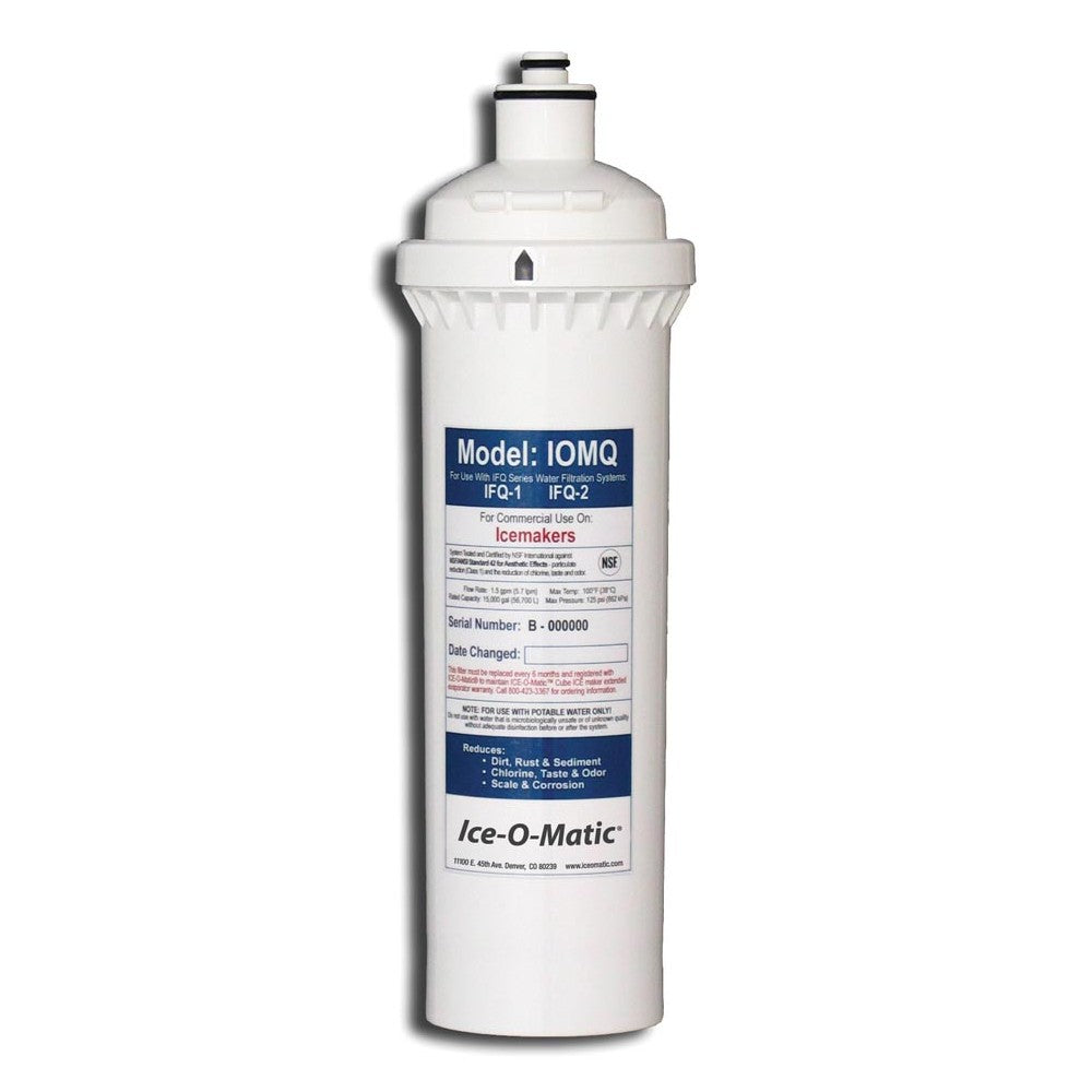 White cylindrical water filter replacement cartridge Model IOMQ by Ice-O-Matic