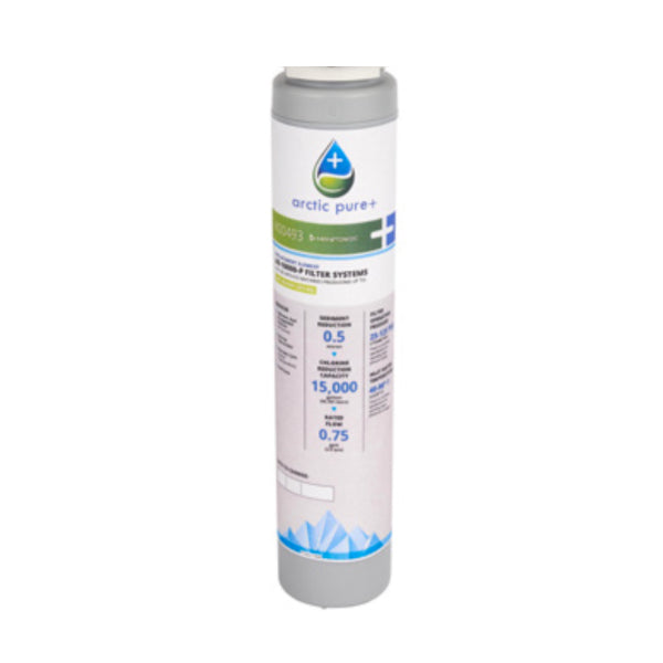 White cylindrical water filter cartridge with blue and green labeling for Manitowoc K00493