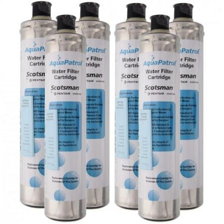 Six Aqua Patrol water filter replacement cartridges featuring blue and white labeling