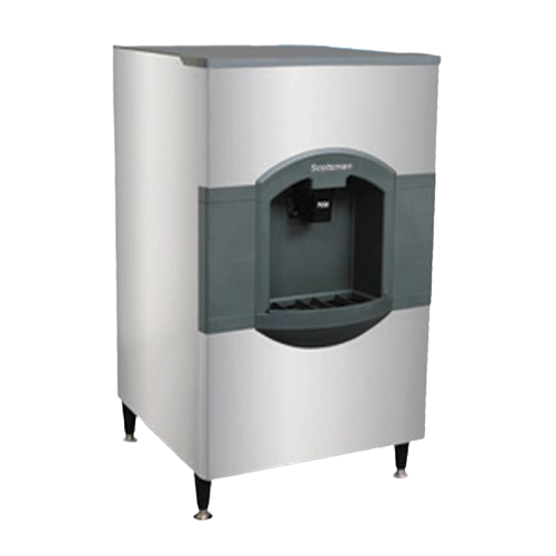 Commercial ice dispenser featuring gray and silver exterior for hotel motel ice needs