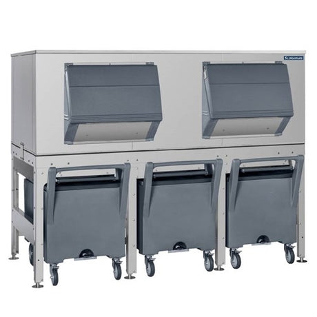 Commercial ice storage bin system with Scotsman Ice Express Transport and mobile carts