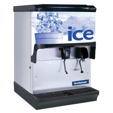 Scotsman Ice Dispenser Counter Model features a black base and silver-white body