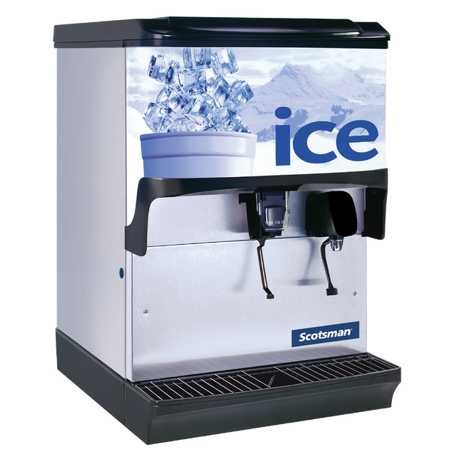 Scotsman Ice Dispenser Counter Model features a black base and silver-white body