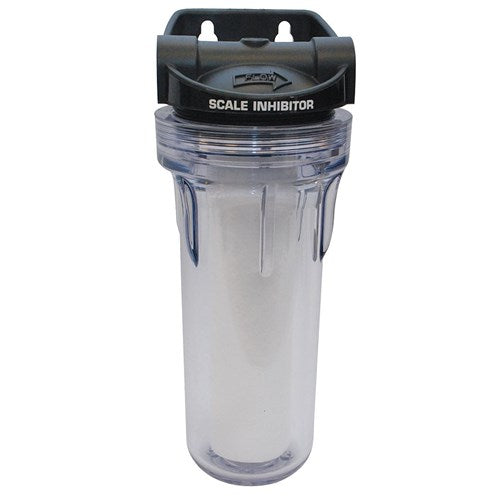 Clear plastic water filter housing with black cap labeled Scale Inhibitor for Scotsman SC10-A, minute max flow