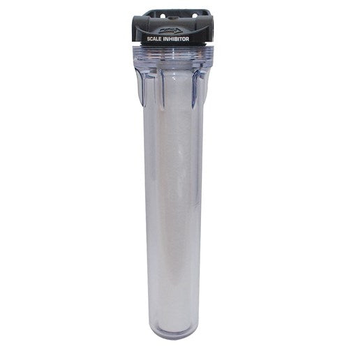 Clear cylindrical water filter housing with black cap for Scotsman SC20-A, 20 inch, 10 gallons per minute max flow