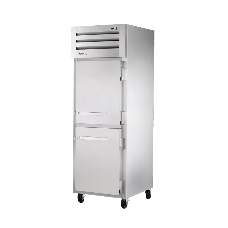 Stainless steel True Refrigeration STA1R-2HS-HC Spec Series Refrigerator on wheels with split doors