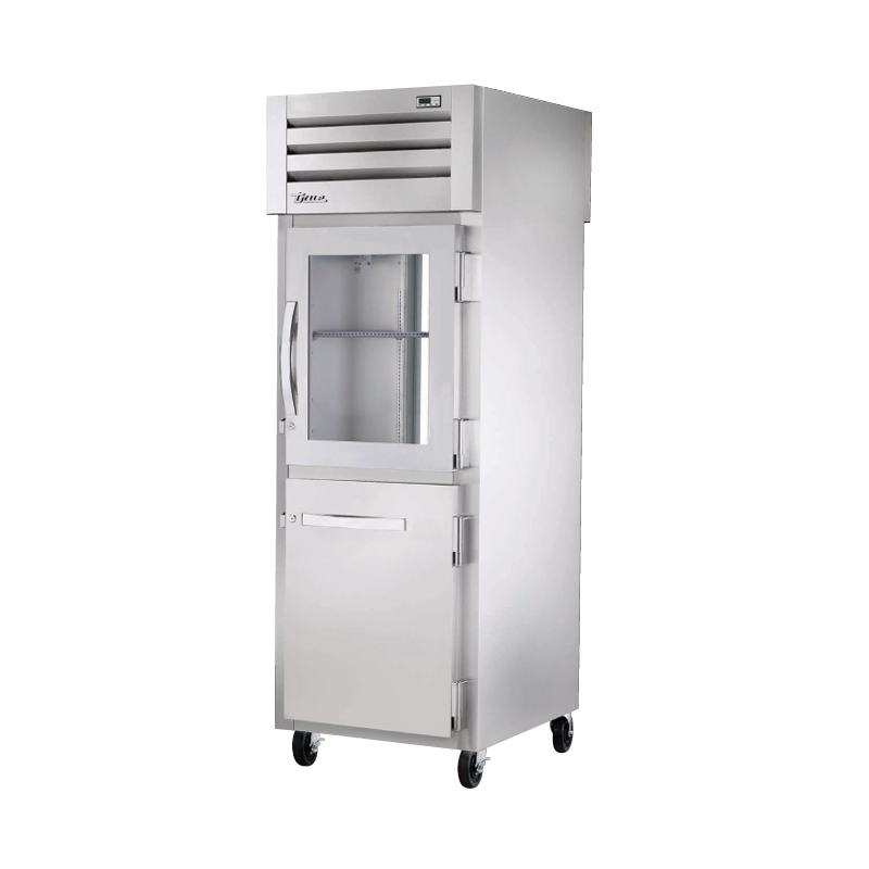Commercial stainless steel True Refrigeration STA1RPT-1HG 1HS-1G-HC refrigerator on wheels