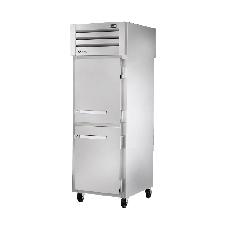 Stainless steel True Refrigeration STA1RPT-2HS-1G-HC pass-thru refrigerator with wheels
