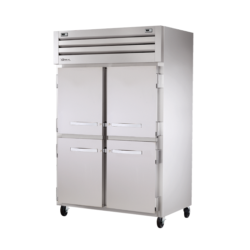 Stainless steel True Refrigeration STA2DT-4HS refrigerator freezer with four doors on wheels