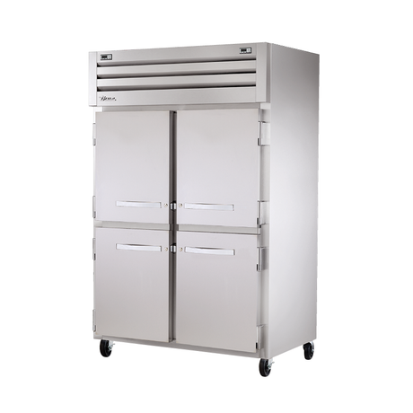 Stainless steel True Refrigeration STA2DT-4HS refrigerator freezer with four doors on wheels