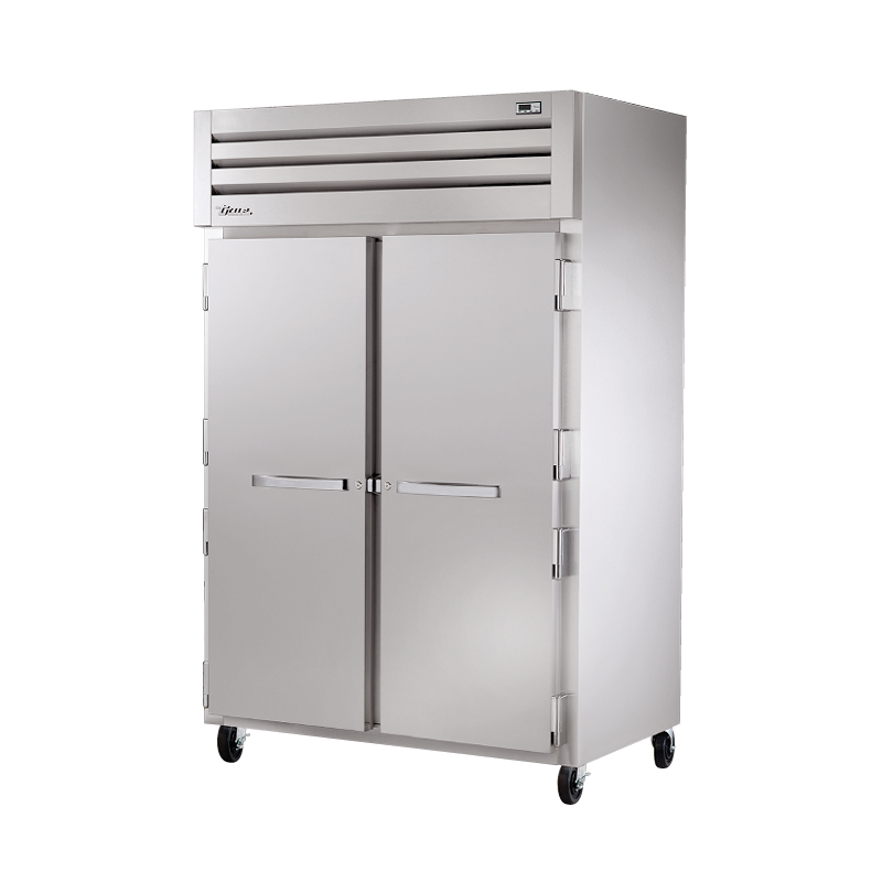 Stainless steel heated cabinet on wheels by True Refrigeration, featuring two solid doors