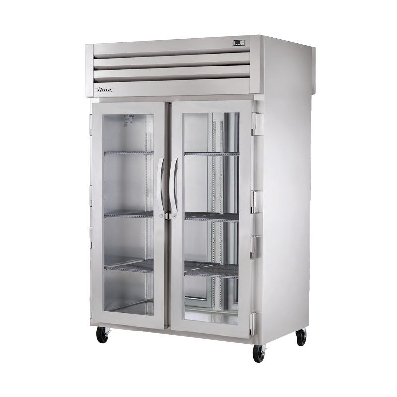 Commercial stainless steel True Refrigeration STA2RPT-2G-2S-HC Spec Series Refrigerator with glass doors