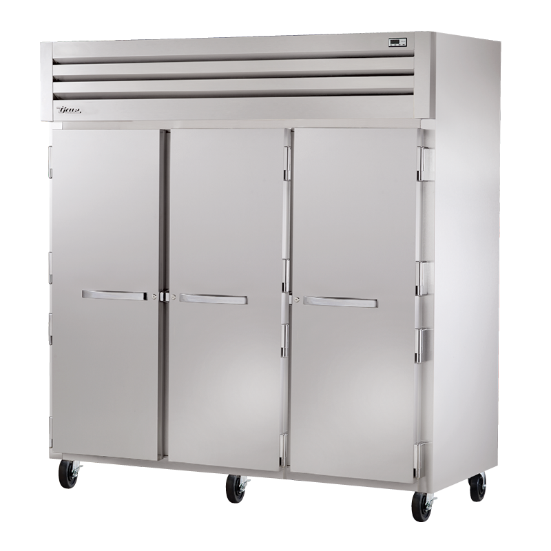 Stainless steel True Refrigeration STA3F-3S three-door commercial freezer on wheels