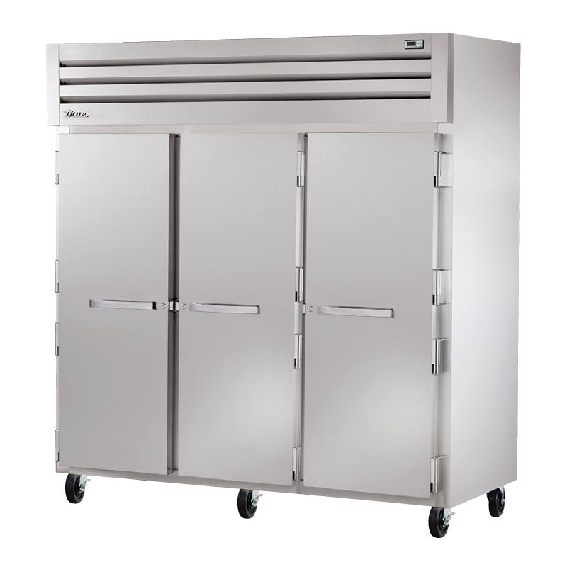Stainless steel True Refrigeration STA3R-3S three-door commercial refrigerator on wheels