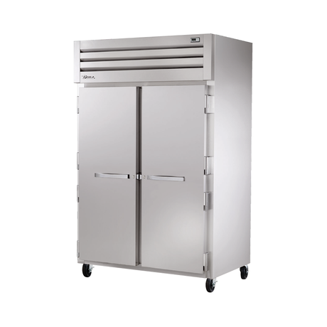 Stainless steel commercial refrigerator on wheels, True Refrigeration STG2F-2S-HC Spec Series Freezer