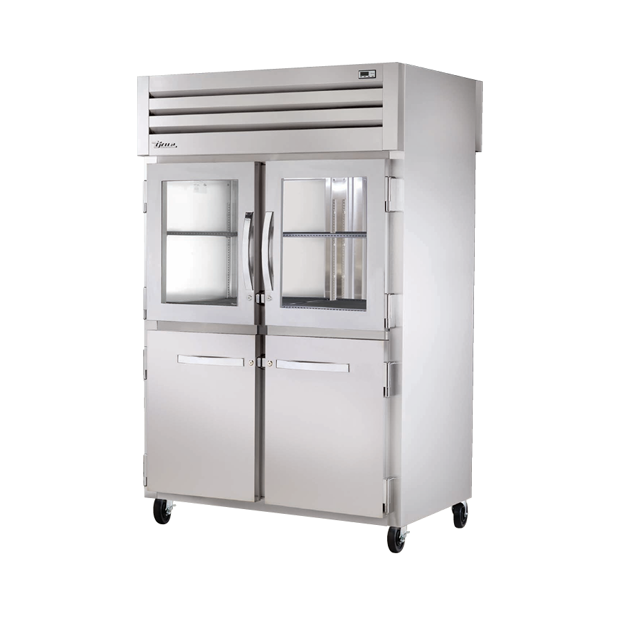 Stainless steel True Refrigeration STG2RPT-2HG/2HS-2S-HC refrigerator with glass doors and wheels
