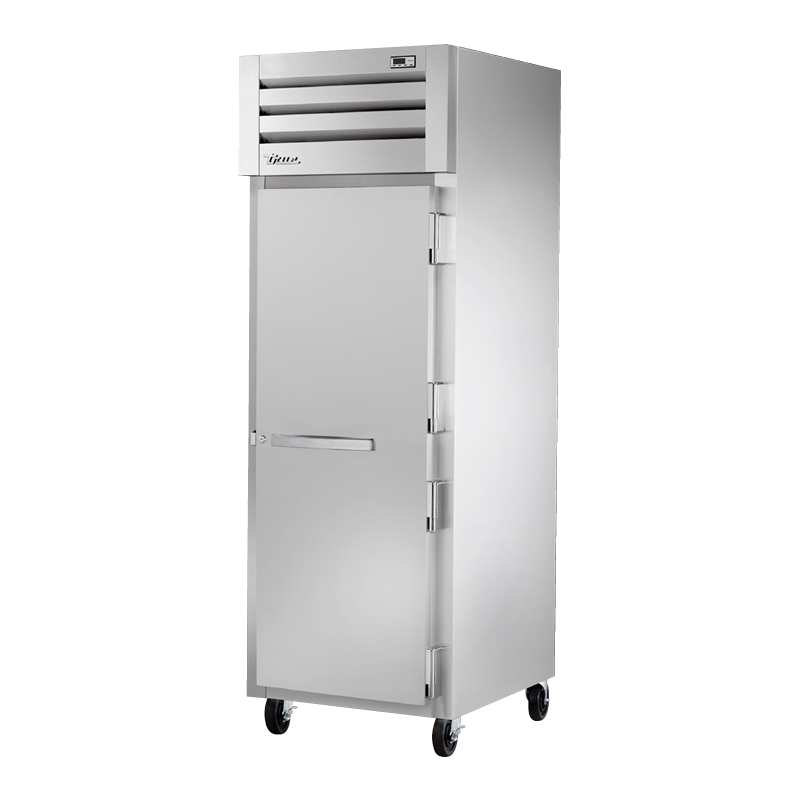 Stainless steel True Refrigeration STR1R-1S-HC upright refrigerator on wheels with solid doors